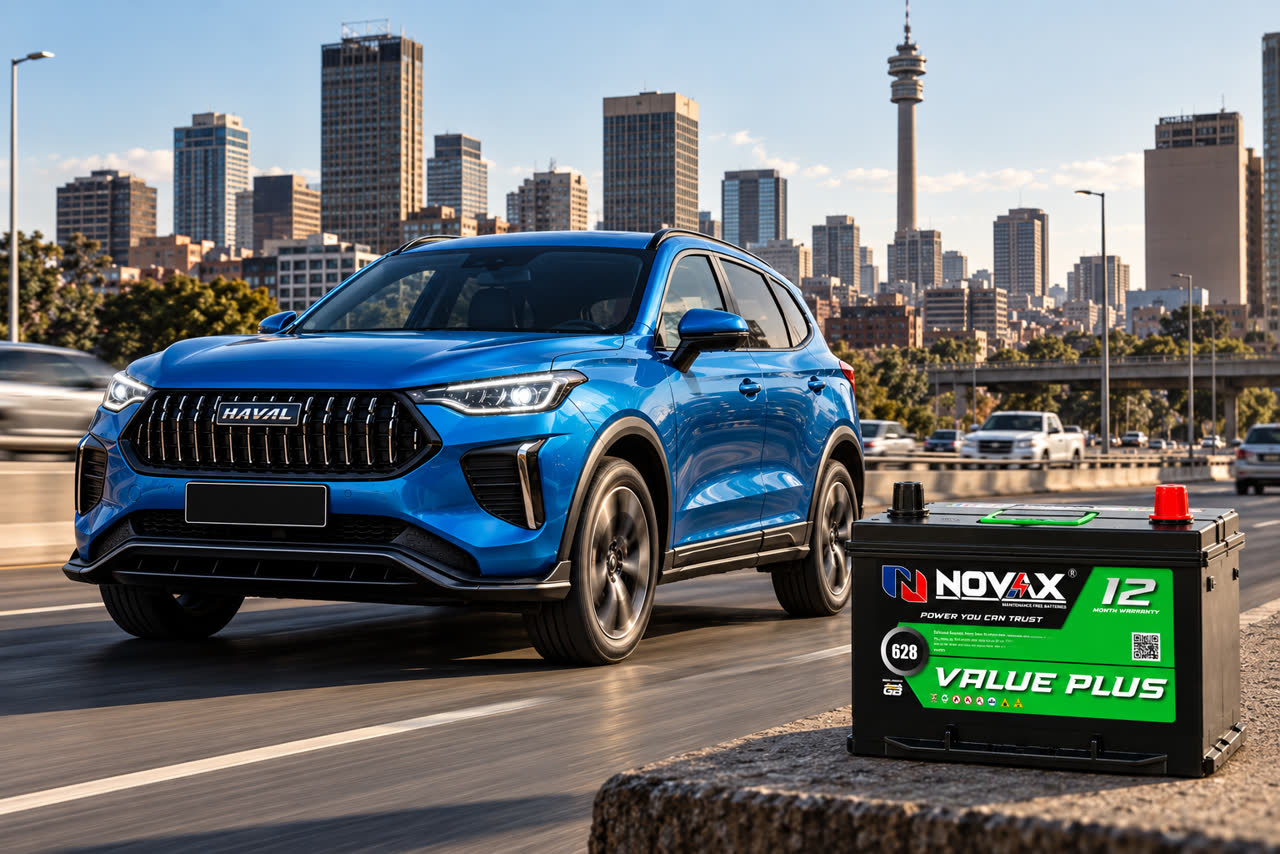 An SUV on a city road with a NOVAX Value Plus battery